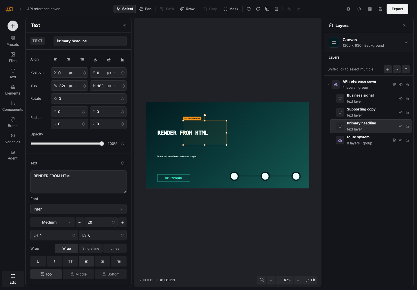 Image Studio showing the clean docs project, selected text layer, inspector and layer hierarchy