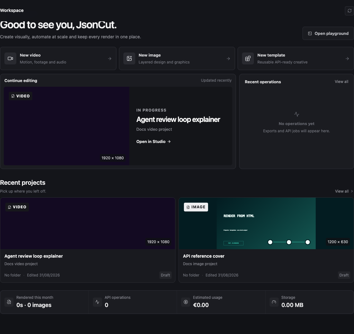 Clean JsonCut docs workspace with one image project and one video project