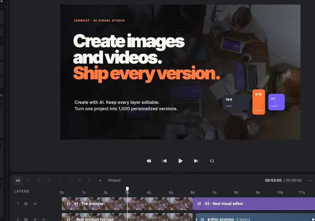 JsonCut canvas with a selected editable motion layer