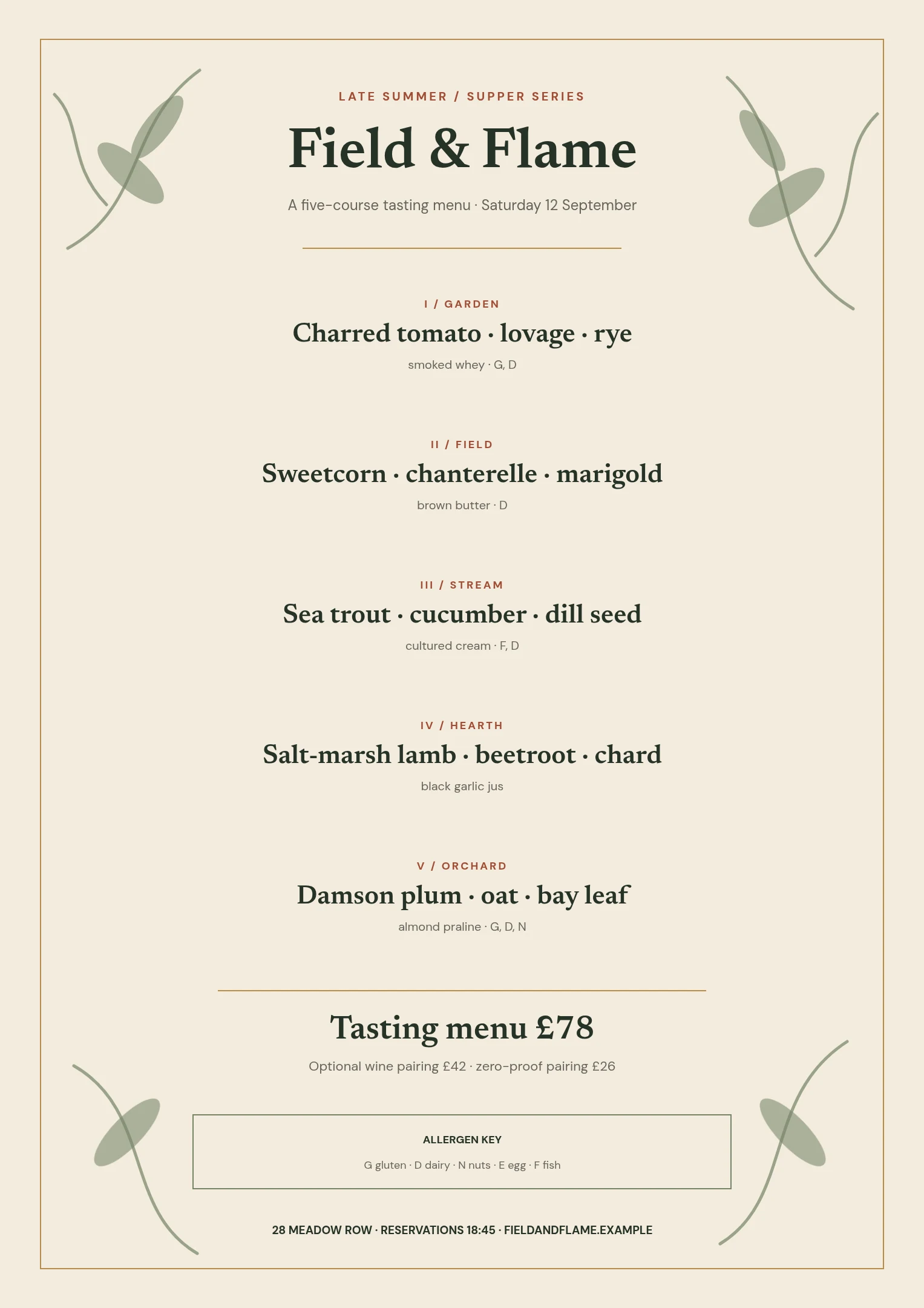 Field & Flame tasting menu visual preview